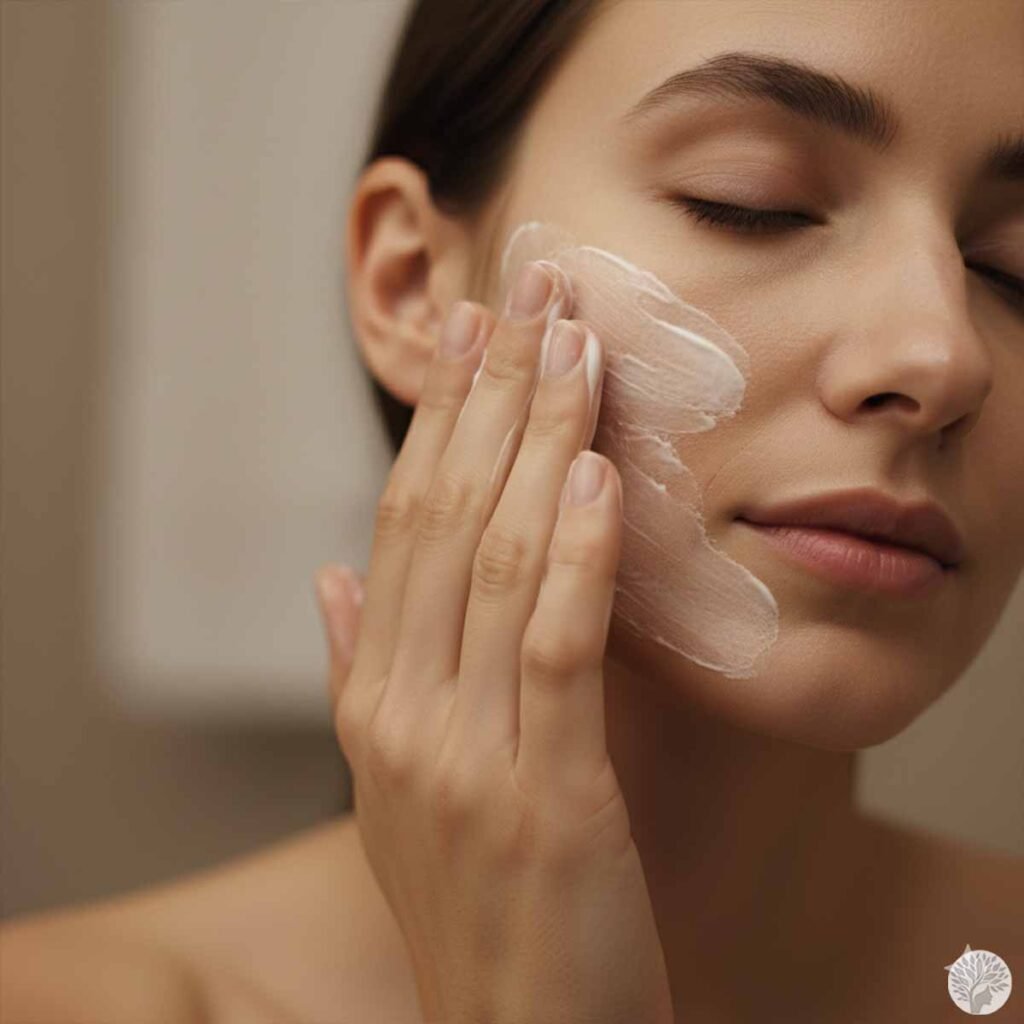 A close-up of a woman's hands gently applying a creamy cleansing balm to her cheek during a mindful skincare routine for stress relief.