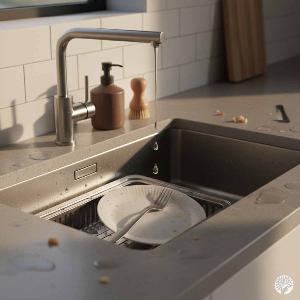 A stainless steel kitchen sink with a dripping faucet, containing a dirty plate and fork, with crumbs and water droplets on the surrounding grey countertop.