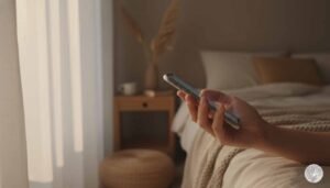A hand holding a smartphone in a dimly lit, minimalist bedroom during the early morning hours, with soft sunlight filtering through curtains and a cozy bed in the background.