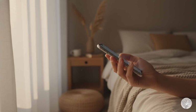 A hand holding a smartphone in a dimly lit, minimalist bedroom during the early morning hours, with soft sunlight filtering through curtains and a cozy bed in the background.