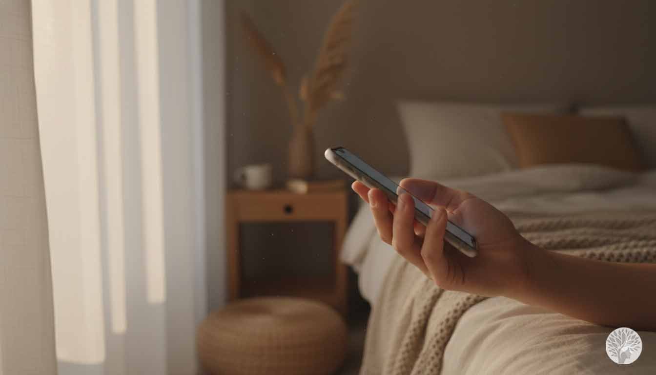 A hand holding a smartphone in a dimly lit, minimalist bedroom during the early morning hours, with soft sunlight filtering through curtains and a cozy bed in the background.