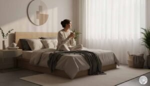 A woman sitting mindfully on a minimalist bed in a peaceful bedroom with neutral tones holding a mug and looking out a window.