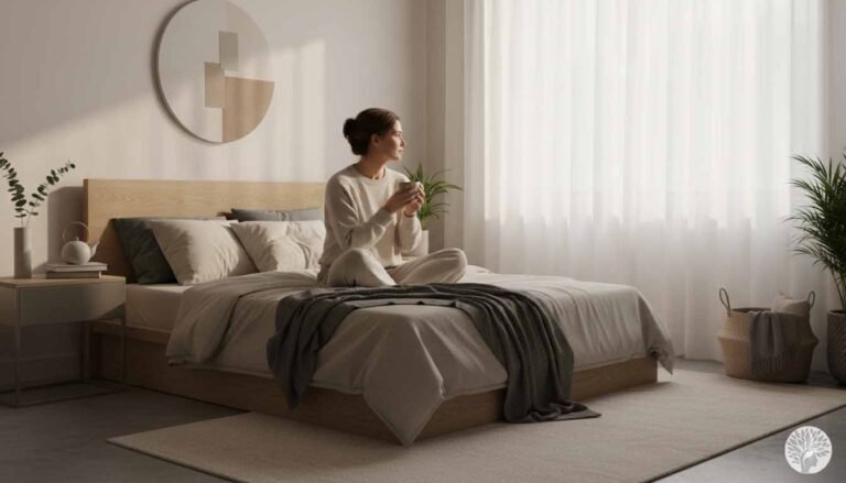 A woman sitting mindfully on a minimalist bed in a peaceful bedroom with neutral tones holding a mug and looking out a window.
