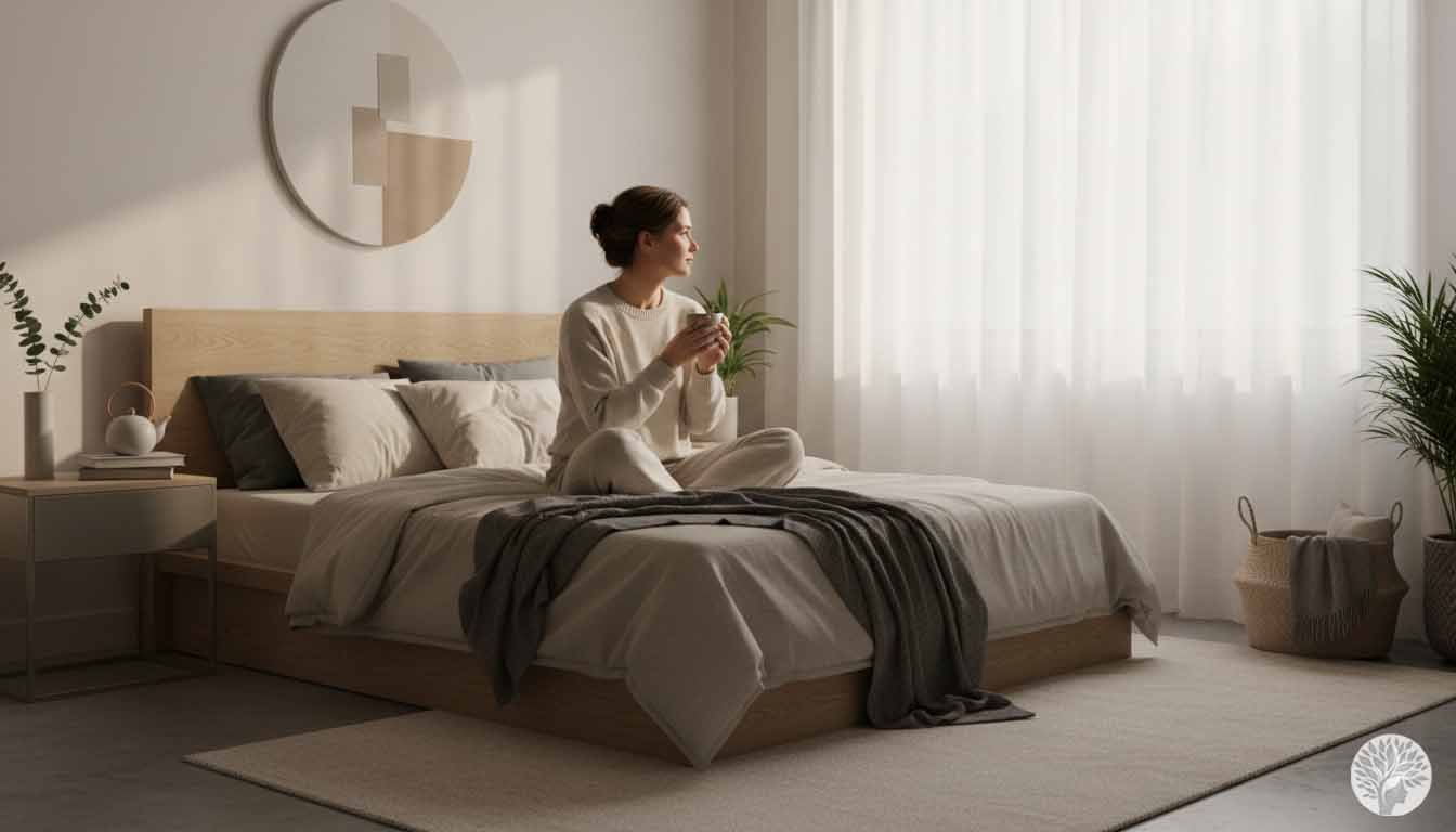 A woman sitting mindfully on a minimalist bed in a peaceful bedroom with neutral tones holding a mug and looking out a window.