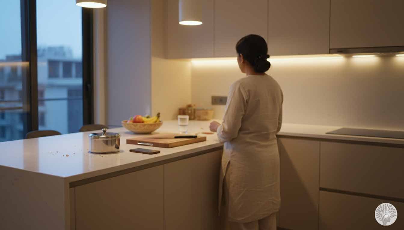 A woman standing in a clean minimalist kitchen during the blue hour with soft under cabinet lighting creating a peaceful home sanctuary.