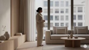A woman standing in a minimalist living room wearing comfortable mindfully made clothing in a neutral linen set while looking out a large window into a soft city view.