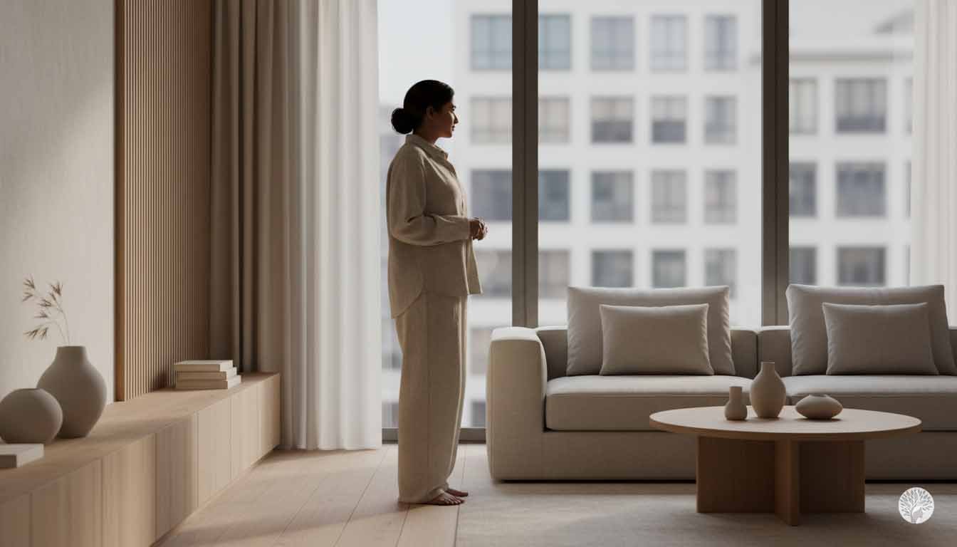 A woman standing in a minimalist living room wearing comfortable mindfully made clothing in a neutral linen set while looking out a large window into a soft city view.