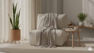A minimalist home sanctuary corner featuring a cream-colored lounge chair with a textured throw, a tall Snake Plant in a terracotta pot, a small wooden side table with a steaming cup of tea, and a lush green Tulsi plant in the background under soft, natural light.