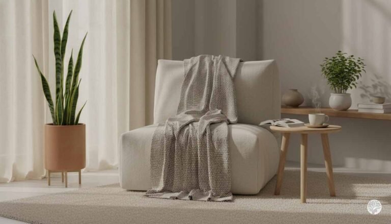A minimalist home sanctuary corner featuring a cream-colored lounge chair with a textured throw, a tall Snake Plant in a terracotta pot, a small wooden side table with a steaming cup of tea, and a lush green Tulsi plant in the background under soft, natural light.