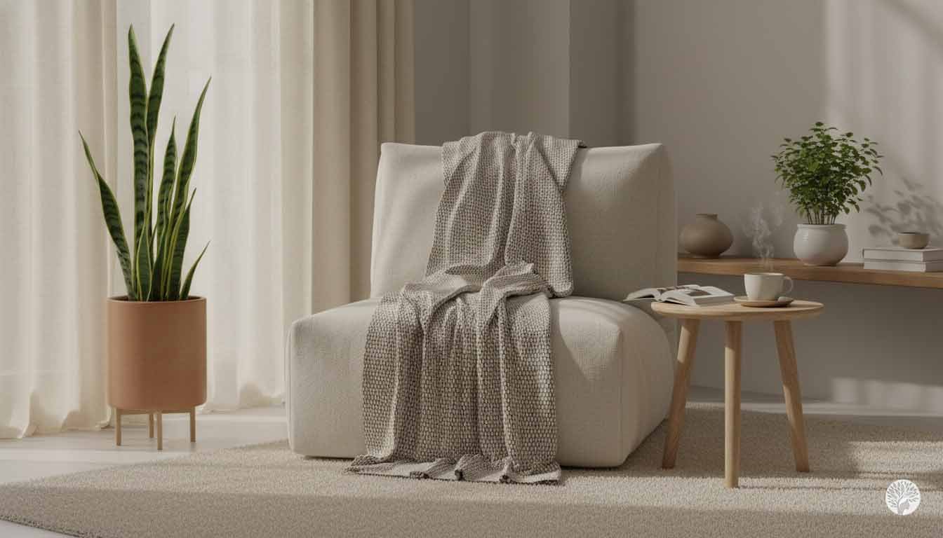 A minimalist home sanctuary corner featuring a cream-colored lounge chair with a textured throw, a tall Snake Plant in a terracotta pot, a small wooden side table with a steaming cup of tea, and a lush green Tulsi plant in the background under soft, natural light.