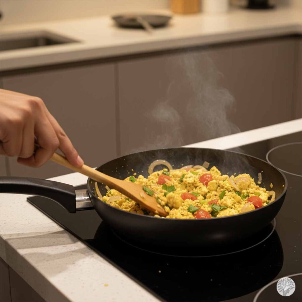 A black non-stick pan filled with steaming tofu or paneer scramble with cherry tomatoes and green onions being stirred with a wooden spatula on an induction stove.