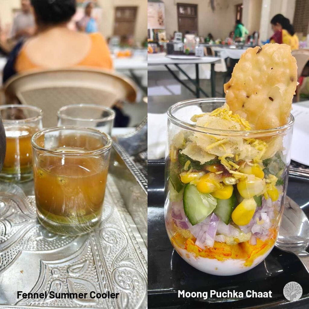 A split image showing Fennel Summer Cooler in traditional glassware and Moong Puchka Chaat layered in a glass with a crispy papdi.