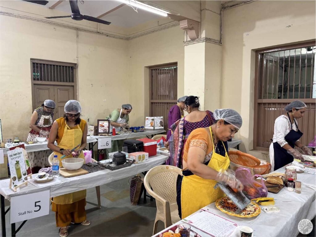 Hetal Patil at stall number five practicing mindful cooking at home while preparing fusion chaat at a culinary contest in Baroda.