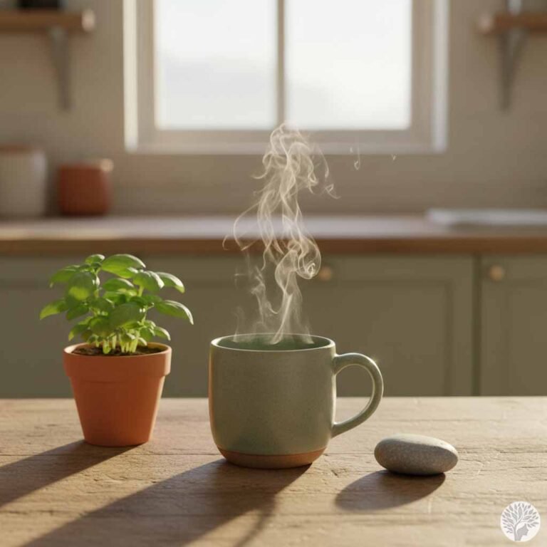 A steaming ceramic mug of tea on a wooden kitchen counter in soft morning sunlight, accompanied by a small green potted herb and a smooth stone, representing a mindful morning ritual.