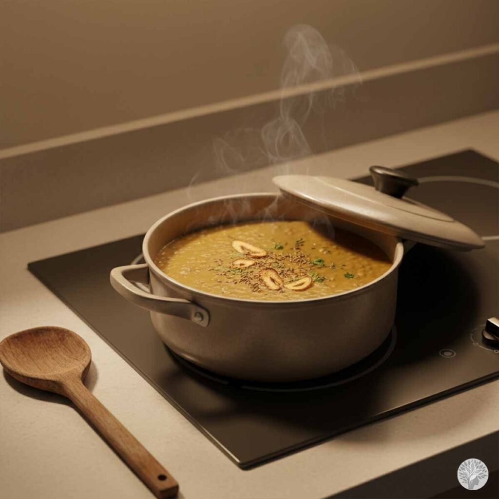 A steaming ceramic pot of earthy lentil soup garnished with toasted garlic and cumin seeds, sitting on a modern cooktop with a wooden spoon nearby.