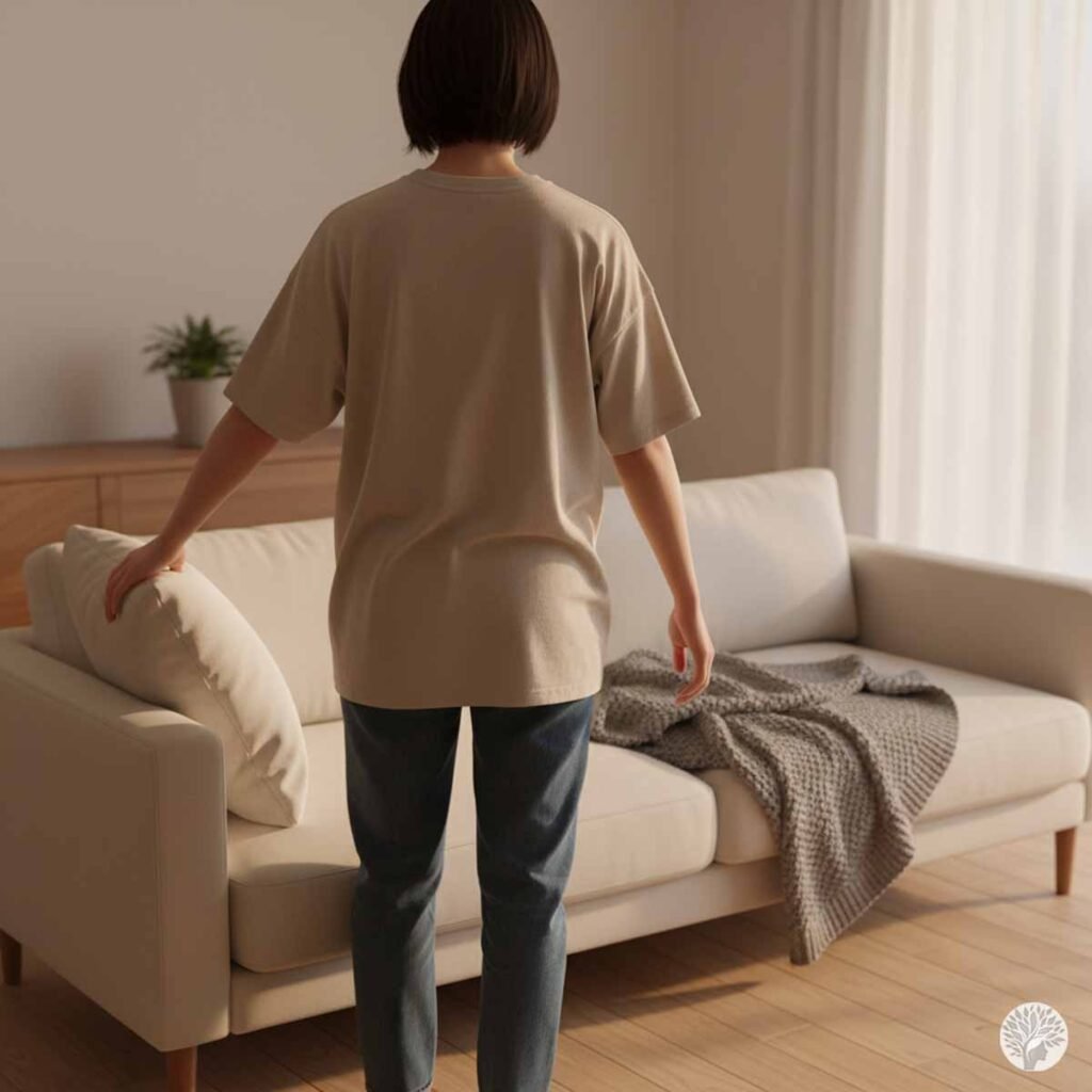 Rear view of a person with a short bob haircut wearing a beige t-shirt and jeans, standing in front of a modern cream-colored sofa in a sunlit minimalist living room.