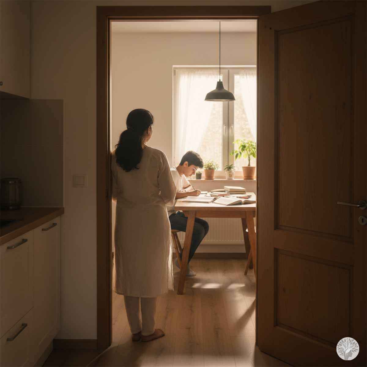 A mother standing in a doorway quietly watching her teenage son study at a wooden table in a sunlit, peaceful home.