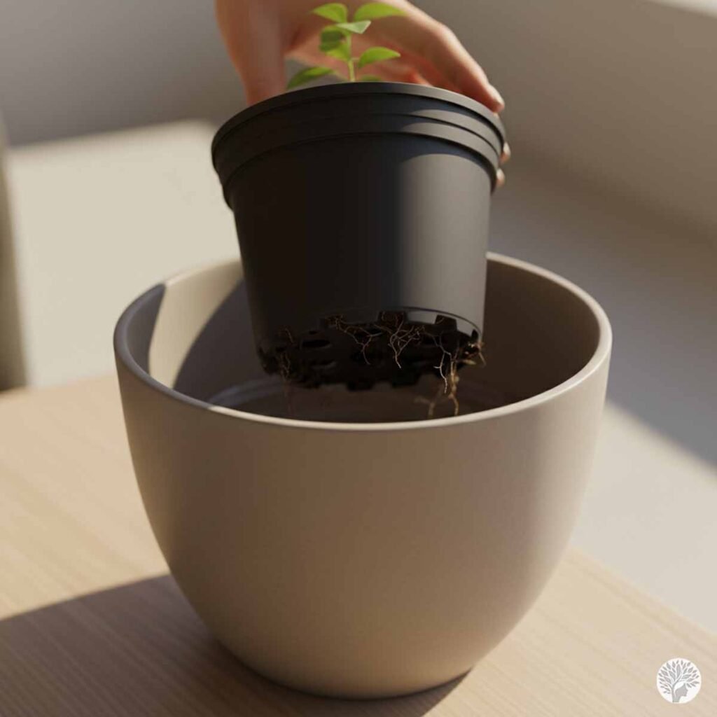 A close-up showing a black plastic nursery pot with several drainage holes at the bottom being lifted out of a larger, decorative beige ceramic planter to prevent root rot.