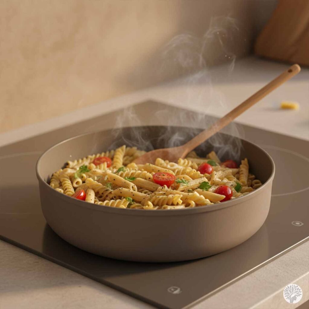A wide, ceramic one-pot pan on a modern flat induction stovetop filled with steaming penne and fusilli pasta in a light sauce with cherry tomato halves and fresh parsley, with a wooden spoon resting inside.