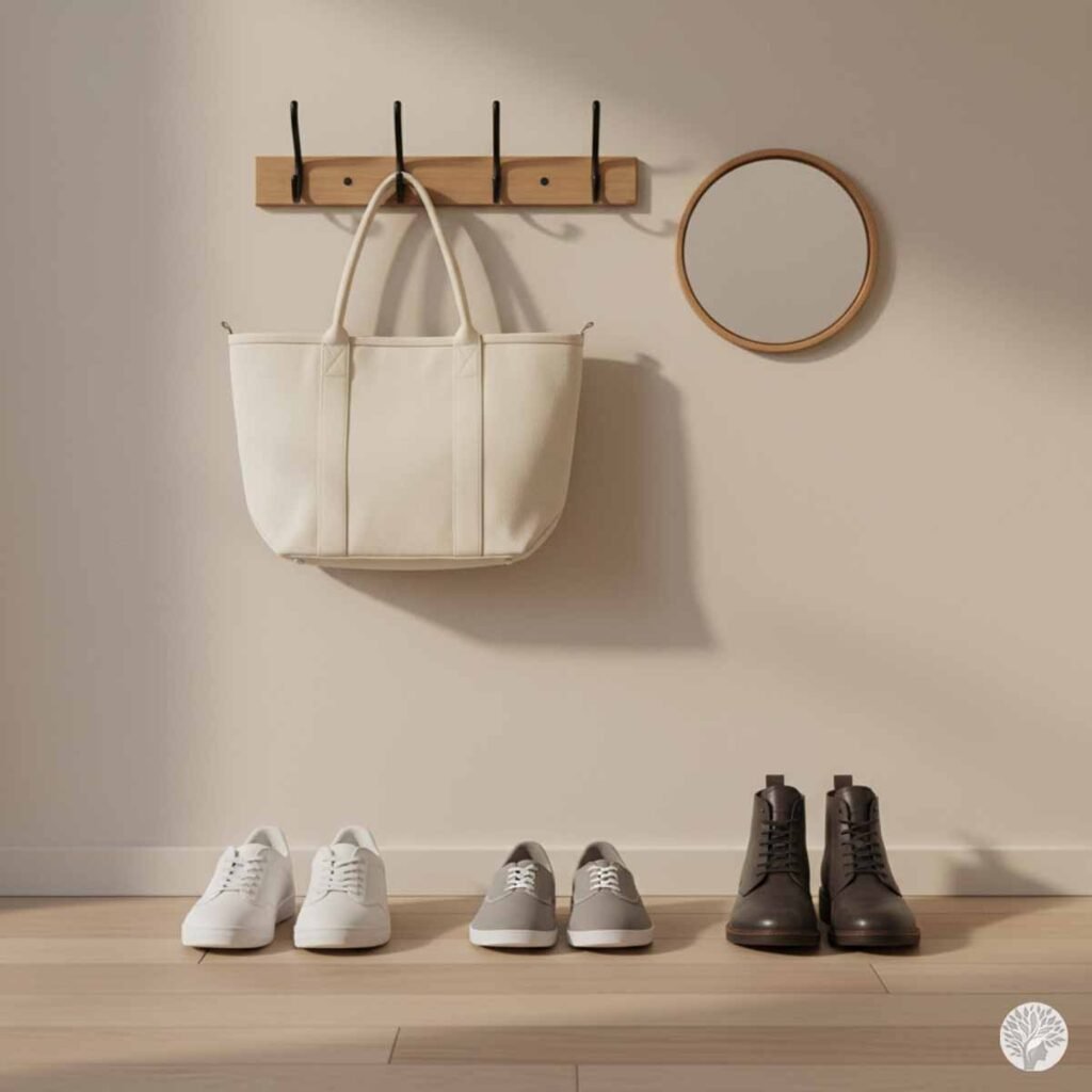 A minimalist entryway featuring a wooden wall rack with a cream tote bag, a circular mirror, and three pairs of shoes—white sneakers, grey slip-ons, and brown boots—lined up neatly on light wood flooring.