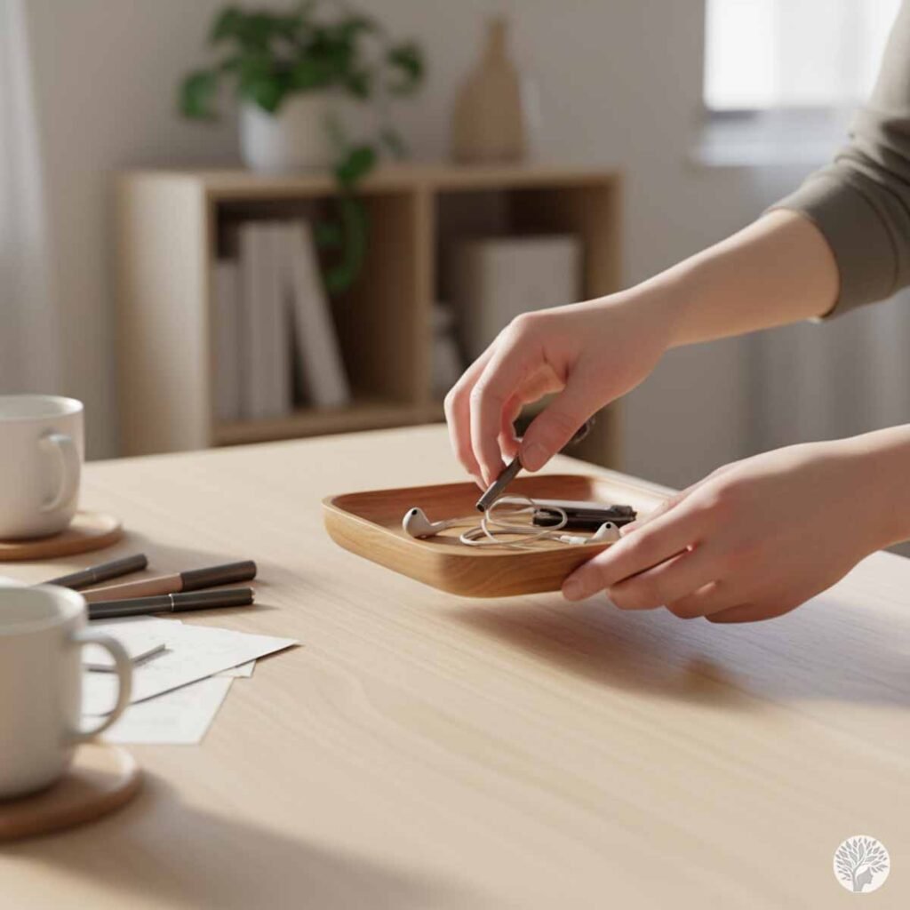 Close-up of hands placing wired earphones and small items into a wooden tray on a light wood desk, with white coffee mugs and a blurred bookshelf in the background.