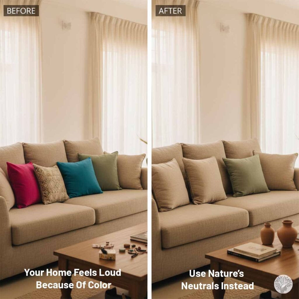 A split-screen comparison showing a living room couch. On the left, mismatched bright pink and teal pillows create high visual contrast. On the right, the same couch features tonal sage green and tan pillows that blend into the neutral walls and curtains, creating a calm and peaceful home environment.