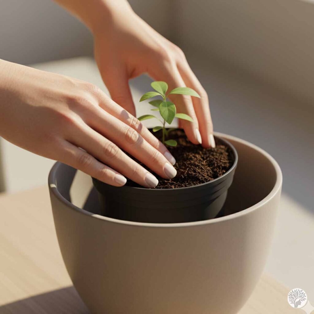 A close-up of a woman's hands with neutral nail polish gently pressing dark, airy potting mix around a small green plant in a black nursery pot placed inside a larger beige ceramic planter.
