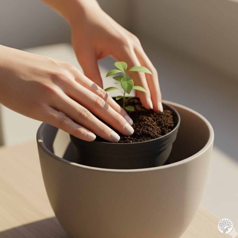 A close-up of a woman's hands with neutral nail polish gently pressing dark, airy potting mix around a small green plant in a black nursery pot placed inside a larger beige ceramic planter.