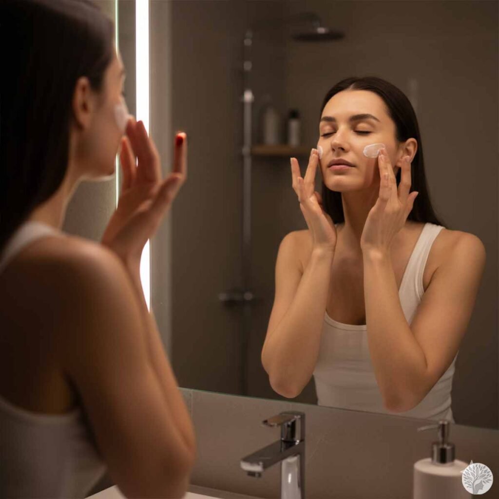 A woman calmly applying moisturizer to her face in front of a bathroom mirror during her mindful skincare routine for stress relief at night.