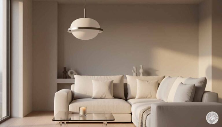 A minimalist, modern living room featuring a cream-colored sectional sofa, a glass coffee table with a lit candle, and a spherical pendant light under warm, natural sunlight.