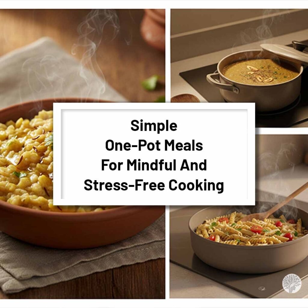 A collage of three one-pot meals including vegetable khichdi, lentil soup, and pasta with a central white text box that reads Simple One-Pot Meals For Mindful And Stress-Free Cooking.