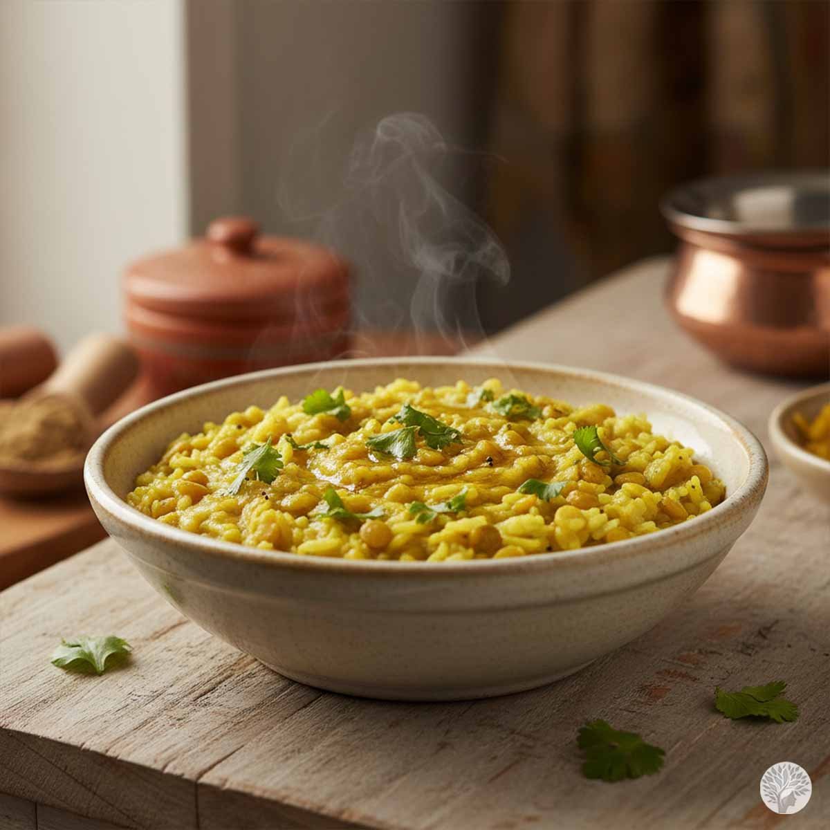 A steaming bowl of yellow Moong Dal Khichdi topped with fresh cilantro and a drizzle of ghee on a rustic wooden table.