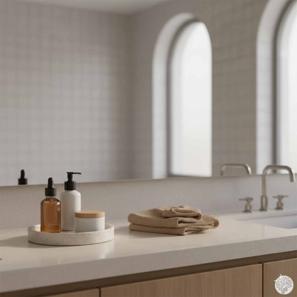 A minimalist bathroom counter with a stone tray holding amber and white skincare bottles next to folded tan towels, reflecting a simple skincare routine for busy moms.