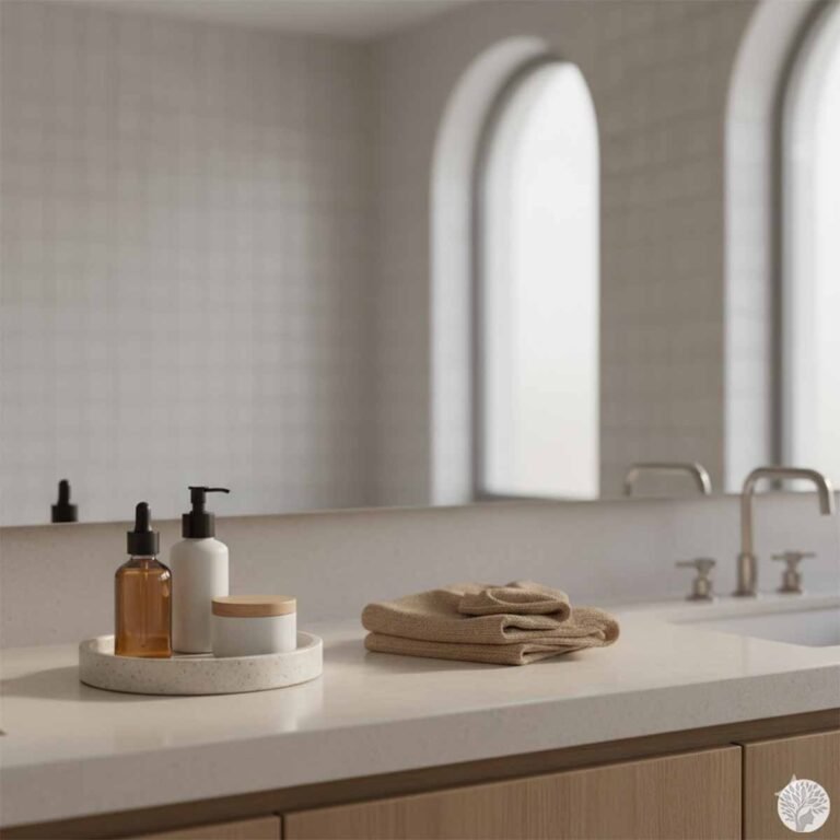 A minimalist bathroom counter with a stone tray holding amber and white skincare bottles next to folded tan towels, reflecting a simple skincare routine for busy moms.