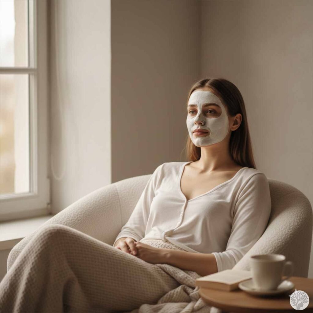 A woman relaxing in a cozy armchair near a window with a white clay face mask on, embodying a mindful skincare routine for stress relief.