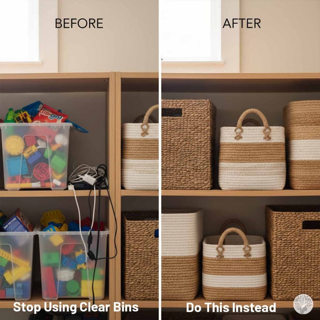 A split-screen comparison of an open bookshelf. On the left, clear plastic bins overflowing with colorful toys and tangled white charging cables create a sense of "visual noise." On the right, the items are hidden inside opaque, woven seagrass and jute baskets, creating a textured, calm and peaceful home environment.
