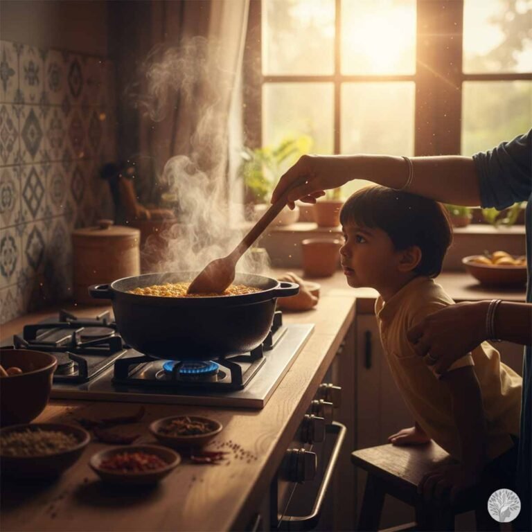 A mother and her young child cooking dal together in a cast-iron pot on a stovetop, capturing a mindful, slow-cooking moment in a sunlit kitchen.