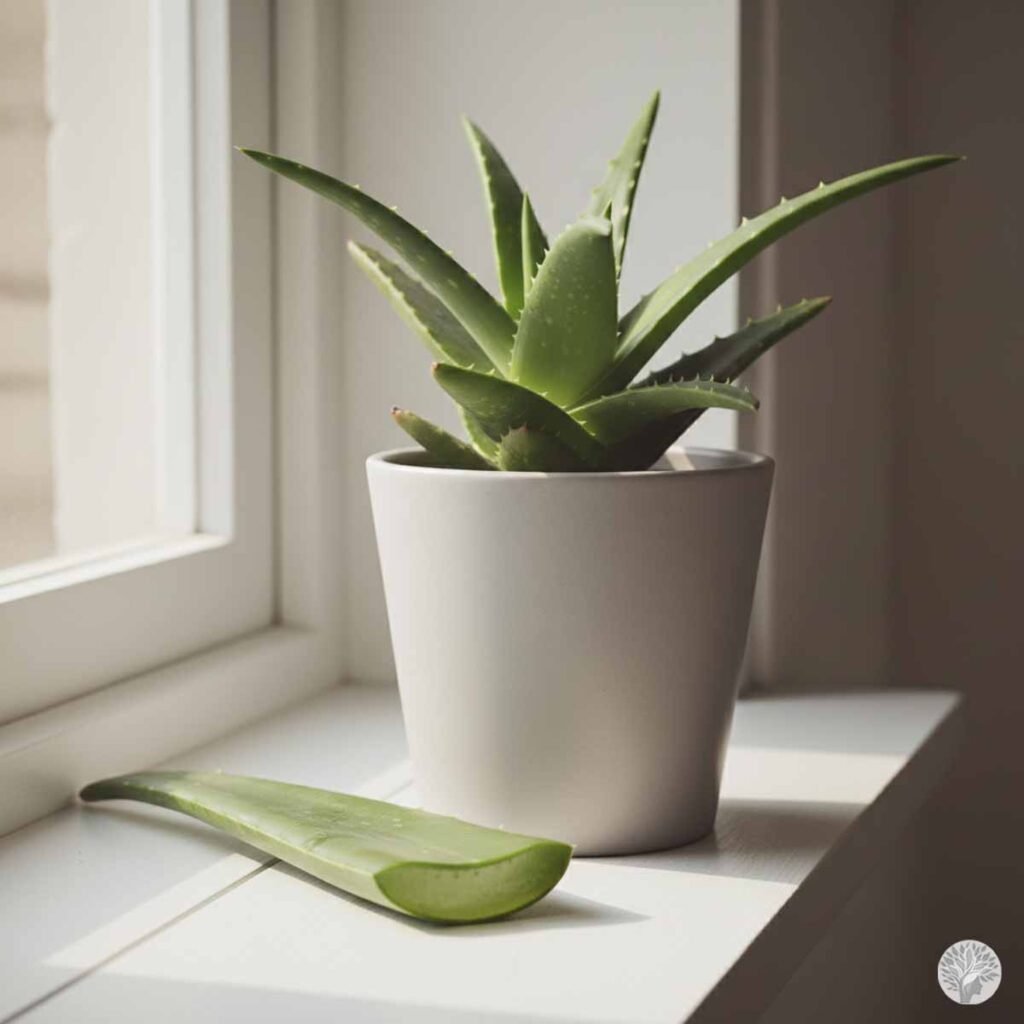 A potted Aloe Vera plant in a clean white ceramic pot sitting on a minimalist windowsill next to a freshly cut aloe leaf, showing low maintenance plants for beginners.