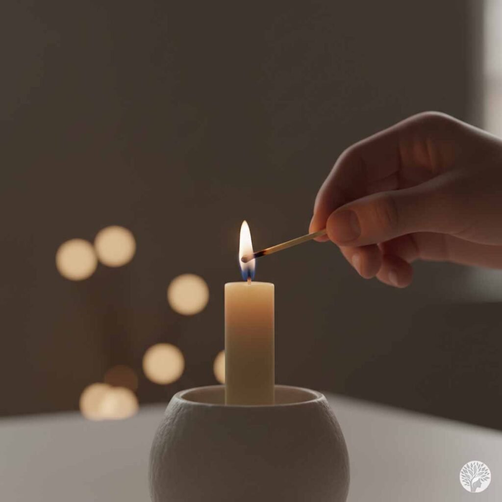 A close-up of a hand lighting a tall, cream-colored candle in a textured stone holder with a wooden match, featuring soft bokeh lights in the background.