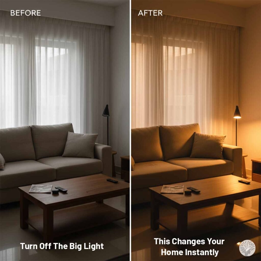 A side-by-side comparison of a living room at dusk. The "Before" side shows the room in cool, flat white light that feels clinical and harsh. The "After" side shows the same room transformed by a single warm-toned floor lamp, creating soft shadows and a golden amber glow that promotes a calm and peaceful home environment.