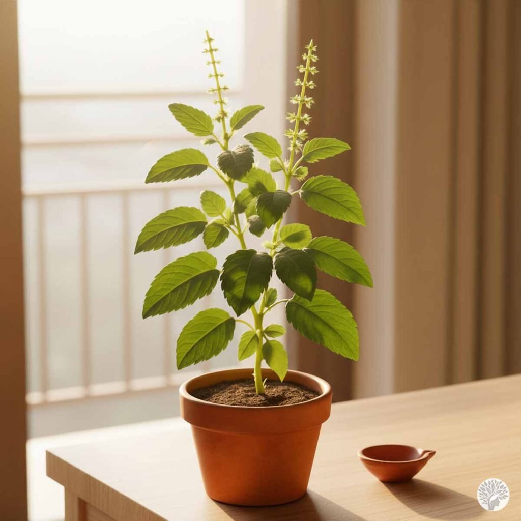 A healthy Tulsi (Holy Basil) plant with green leaves and tall seed spikes in a terracotta pot, placed on a wooden table next to a small clay diya in a sunlit room.