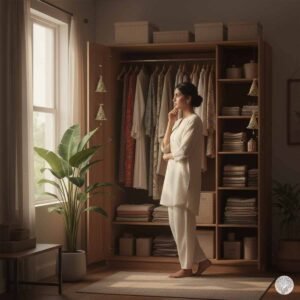 A woman standing in a sunlit, minimalist bedroom, thoughtfully curating her intentional closet filled with natural fiber clothing and folded linens.