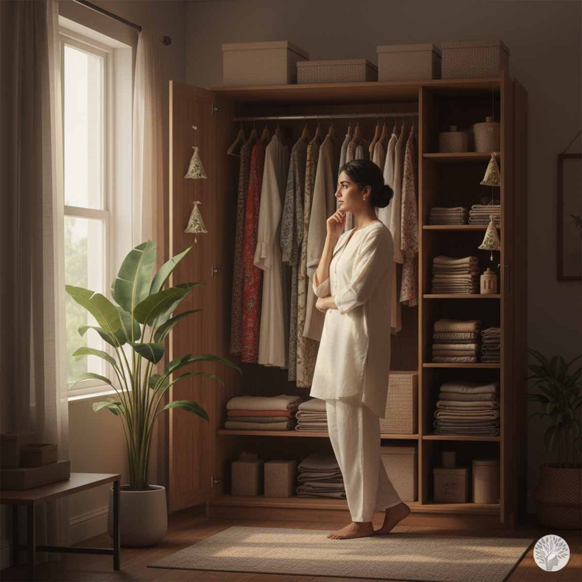 A woman standing in a sunlit, minimalist bedroom, thoughtfully curating her intentional closet filled with natural fiber clothing and folded linens.