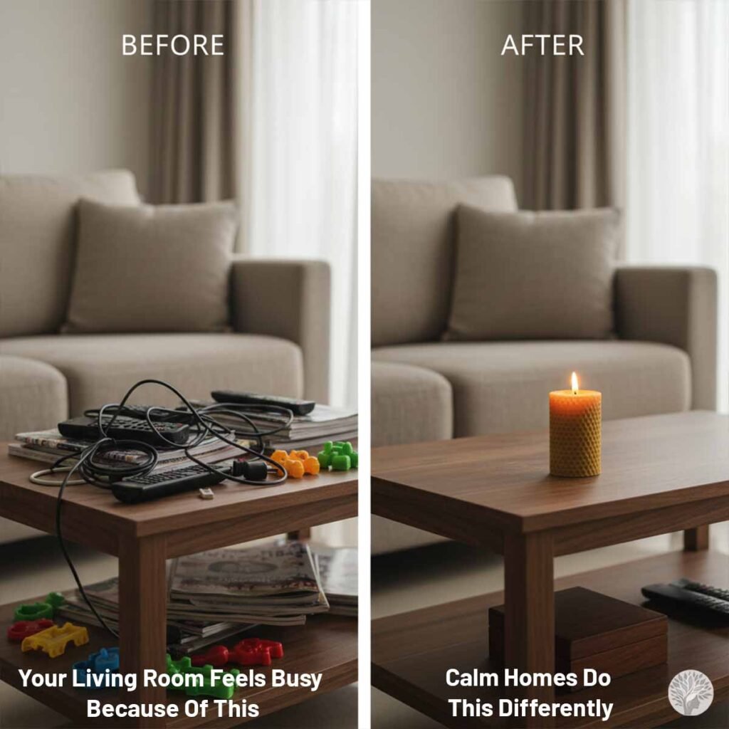 A side-by-side comparison of a wooden coffee table in a living room. The "Before" side is cluttered with tangled black charging cables, multiple remote controls, and colorful plastic toys. The "After" side is clear and peaceful, featuring only a single amber honeycomb candle, with the remotes and cables hidden in a closed wooden box below.