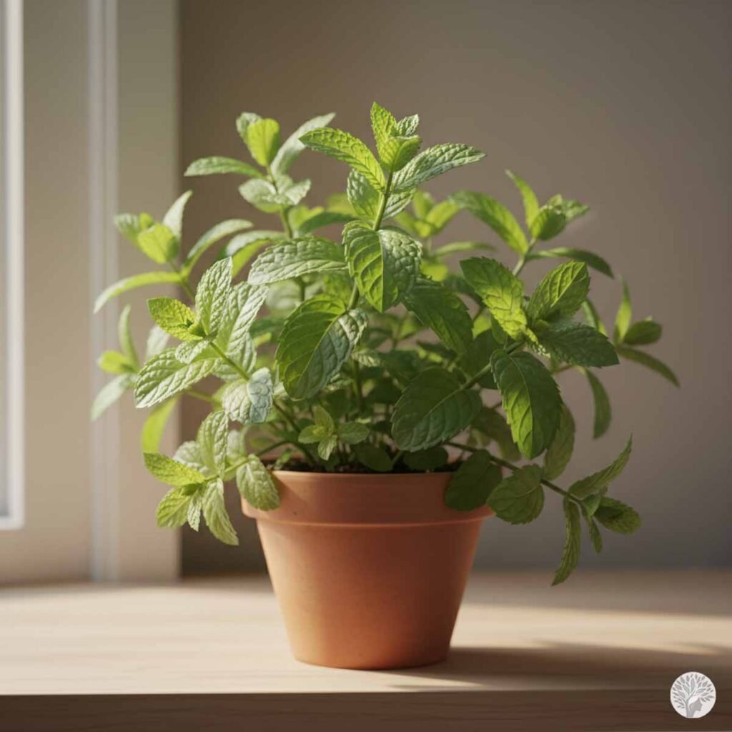 A lush and bushy mint plant growing vigorously in a clean terracotta pot on a wooden surface, showing healthy green leaves and successful indoor gardening for beginners.