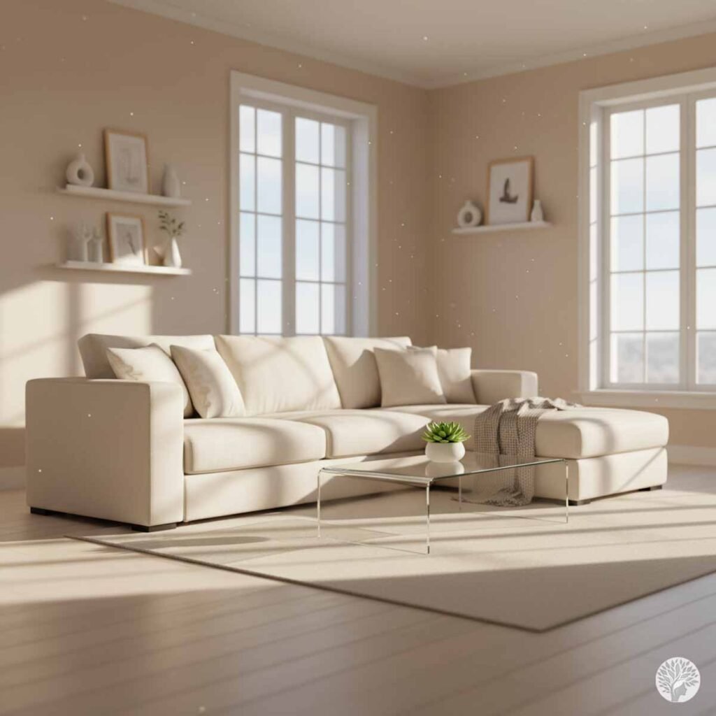 A bright, minimalist living room with a large cream-colored sectional sofa, a clear glass coffee table with a small plant, and warm sunlight streaming through two large windows onto light wood floors.
