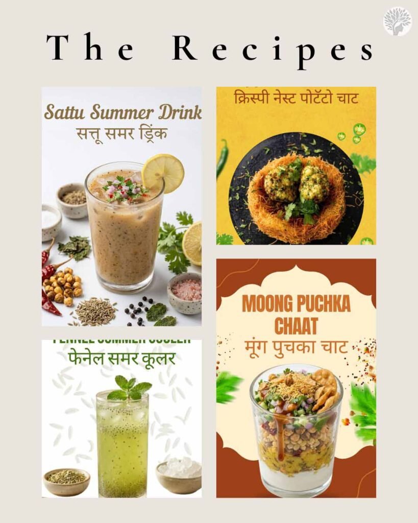 A culinary collage of Moong Puchka Chaat, Crispy Nest Potato Chaat, Sattu Summer Drink, and Fennel Summer Cooler from a mindful cooking contest.
