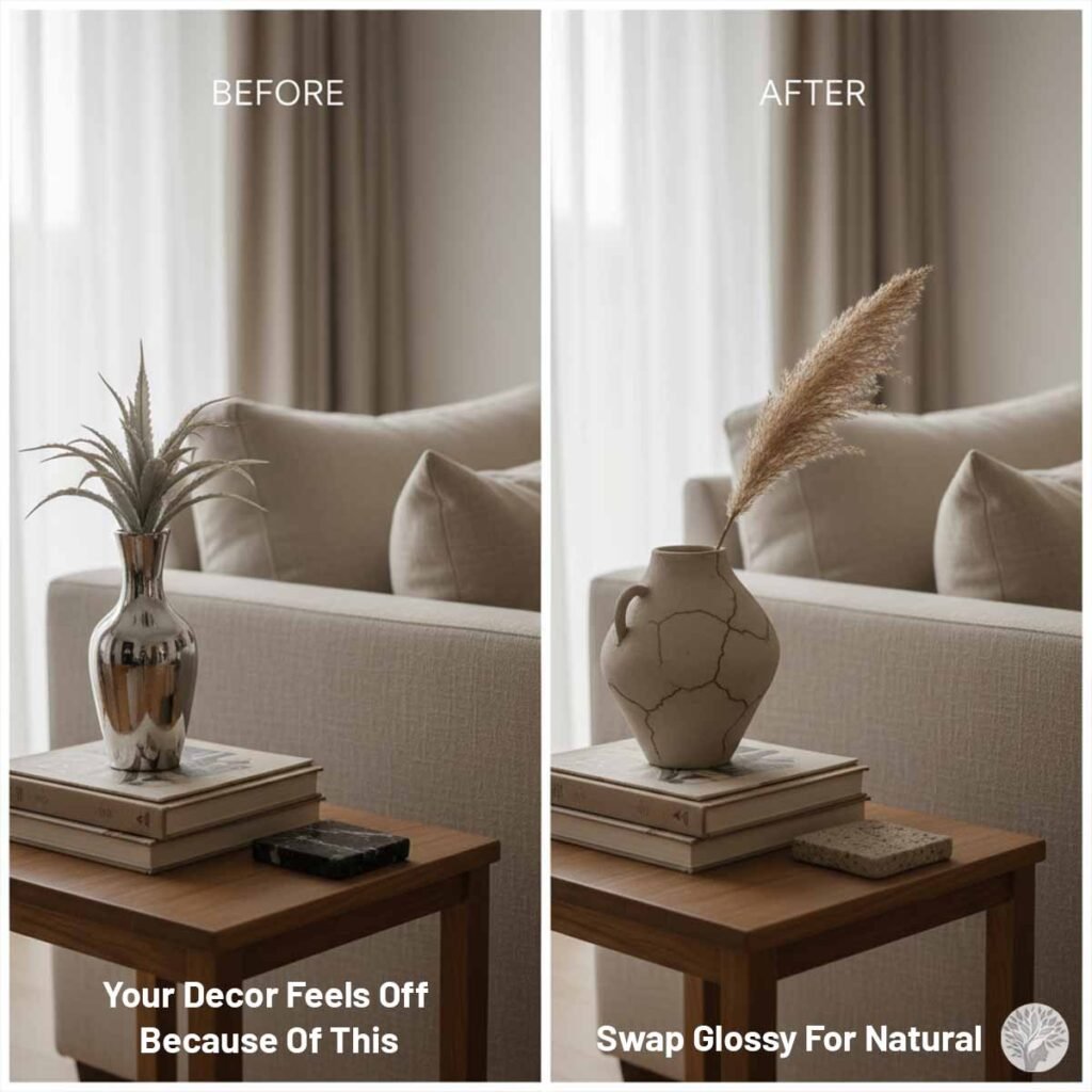 A side-by-side comparison of an end table. The "Before" side features a high-gloss silver vase with a sharp-edged artificial plant and a dark marble coaster. The "After" side shows a matte, hand-textured clay vase with soft pampas grass and a natural stone coaster, demonstrating a calm and peaceful home environment through organic textures.