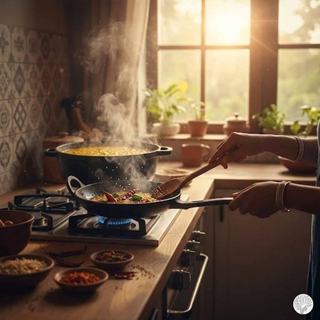 A close-up, mindful shot of a woman's hands tempering spices (tadka) in a cast-iron skillet with steam rising, while a pot of dal simmers on the rear burner in a sunlit, rustic kitchen.
