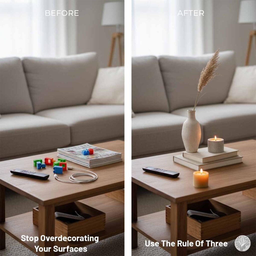 A side-by-side comparison of a living room sofa. The "Before" side shows bright pink, teal, and patterned pillows creating high visual contrast. The "After" side shows pillows in tonal shades of sage and tan that blend into the neutral background to create a calm and peaceful home environment.